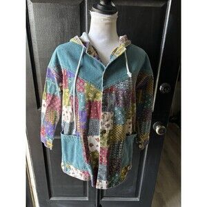 Vtg 90s Patchwork Hooded Jean Jacket, Boho Granny Grandma Front Pockets 3/4 Slv